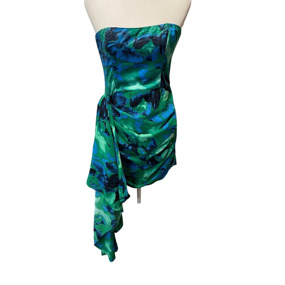 Lulus Demia Green & Blue Abstract Strapless Sash Mini Dress Sz M Coquette Flirty